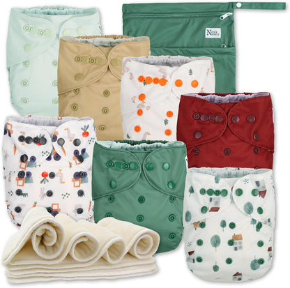 Nora's Nursery AWJ Cloth Diapers 7 Pack with 1 Wet Bag - Waterproof Cover, Washable, Reusable & One Size Adjustable Pocket Diapers for Newborns and Toddlers - Dahlia