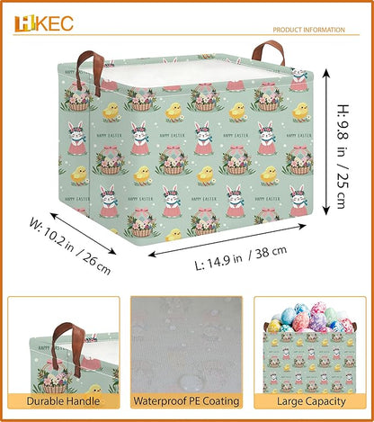 Rectangle Green Easter Basket Empty,Easter Gift Bakset for Egg Hunting,Books Bin with Handles,Room Decor(Pale Green Easter Basket)