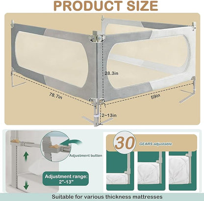 Bed Rail for Toddlers Twin, Full, Queen, King & Cal kingMattress Size | Swing Down Rail Guard | Mattress Side Rail for Kids (Gray and White, (3 Sides for Queen Size) 79.9x79.9x59.8 Inch)