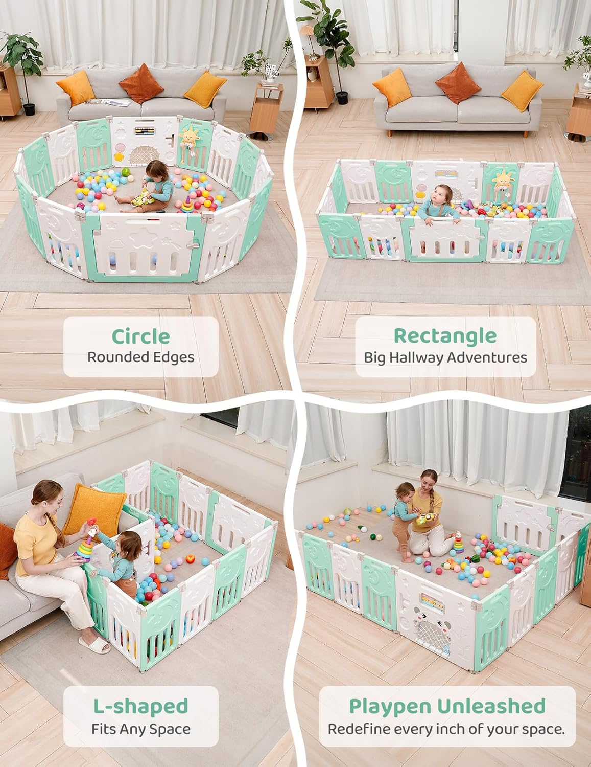 Baby Playpen, Dripex Baby Playard for Babies and Toddlers, 14-Panel Foldable Playpen Adjustable Portable Play Area, Indoor/Outdoor Kids Active Center with Game Panel & Safety Gate, Grey White