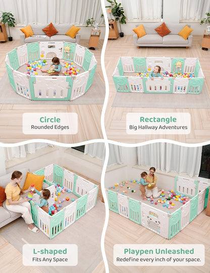 Baby Playpen, Dripex Baby Playard for Babies and Toddlers, 14-Panel Foldable Playpen Adjustable Portable Play Area, Indoor/Outdoor Kids Active Center with Game Panel & Safety Gate, Grey White