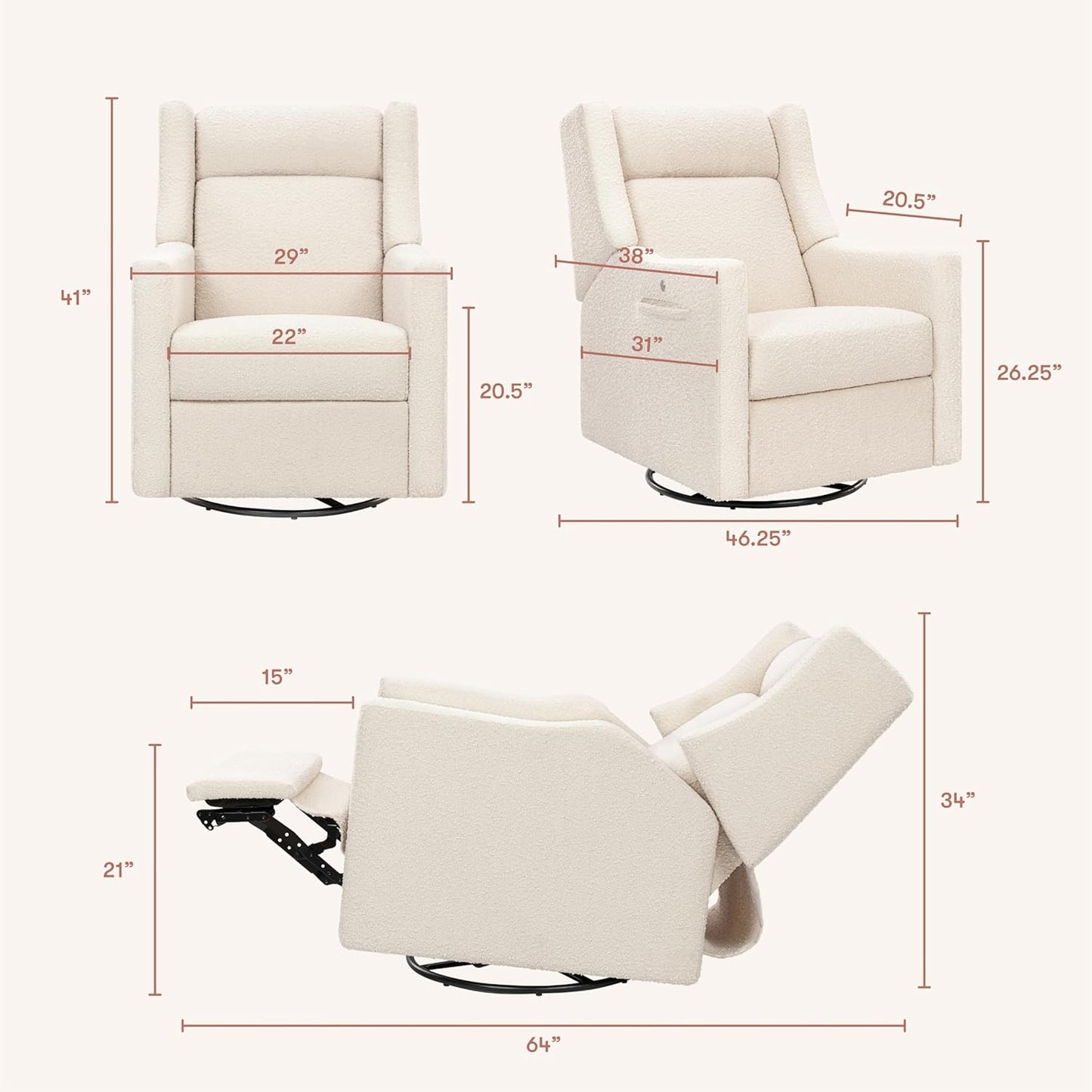 Babyletto Kiwi Deluxe Power Recliner and Swivel Glider with Heat and Massage in Almond Teddy Loop, Built-in USB Charging Port, Adjustable Headrest, Greenguard Gold, FSC and CertiPUR-US Certified