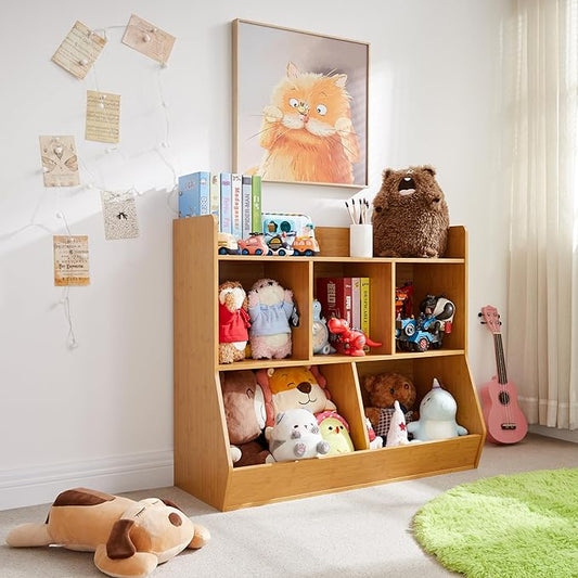 Kovhzcu Toy Storage Organizer with Bookshelf, 5-Cubby Children's Toy Shelf, Toy Storage Cabinet for Children's Room, Playroom, Hallway, Kindergarten, School (Natural)