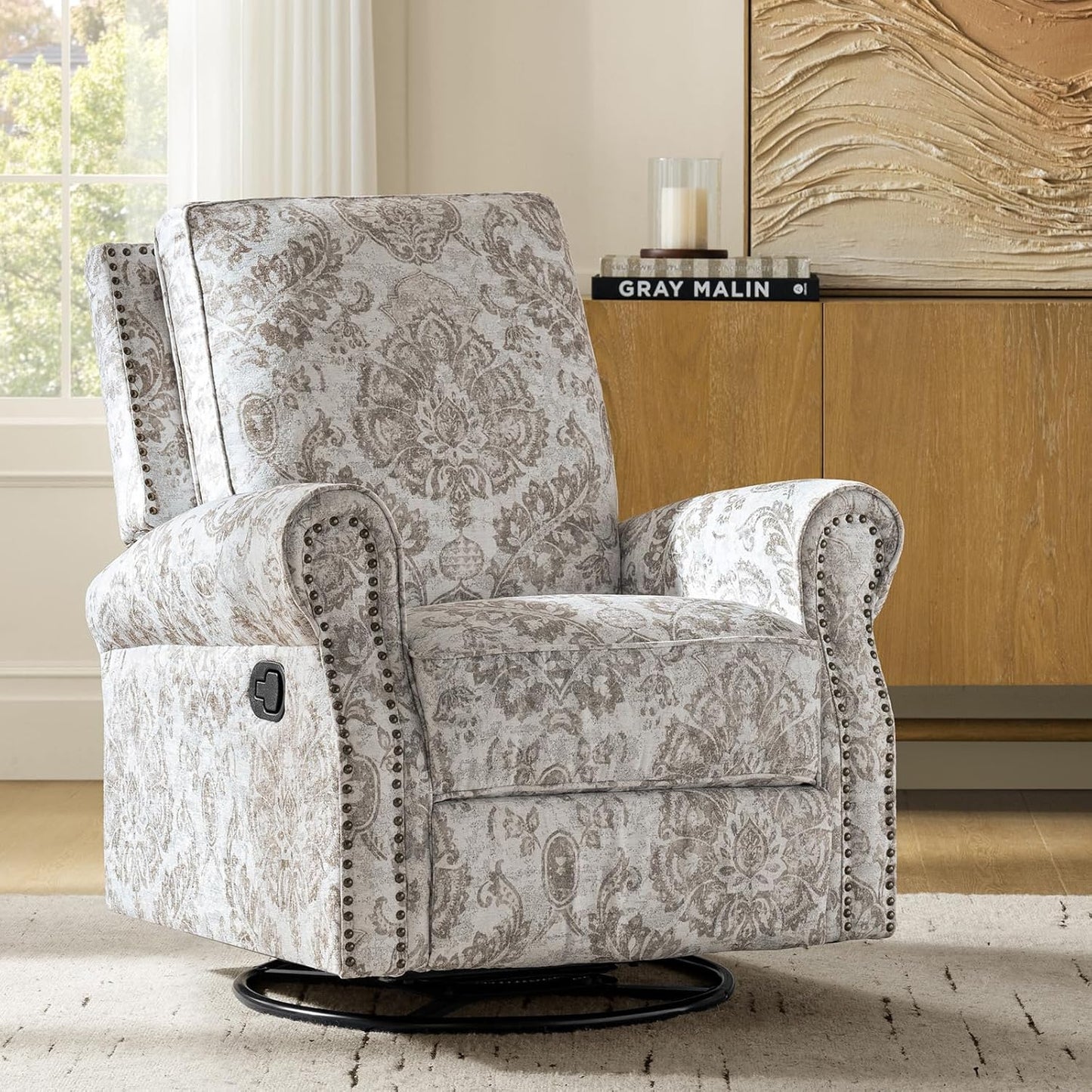 HULALA Home Modern Rocker Recliner, Printed Fabric Swivel Glider with Adjustable Backrest & Footrest, JEACOBEAN