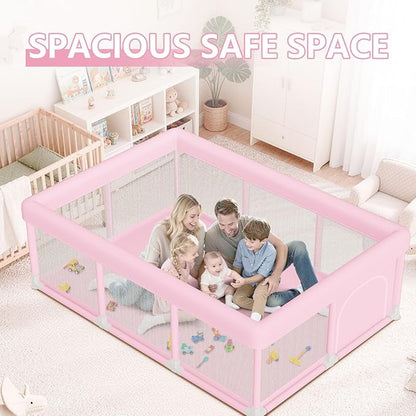 Hiaksedt Large Baby Playpen 74"x50", Baby Girl Play Pen for Babies and Toddlers Pink, Safe Structure and Soft, Skin-Friendly Fabric with Zipper Gates