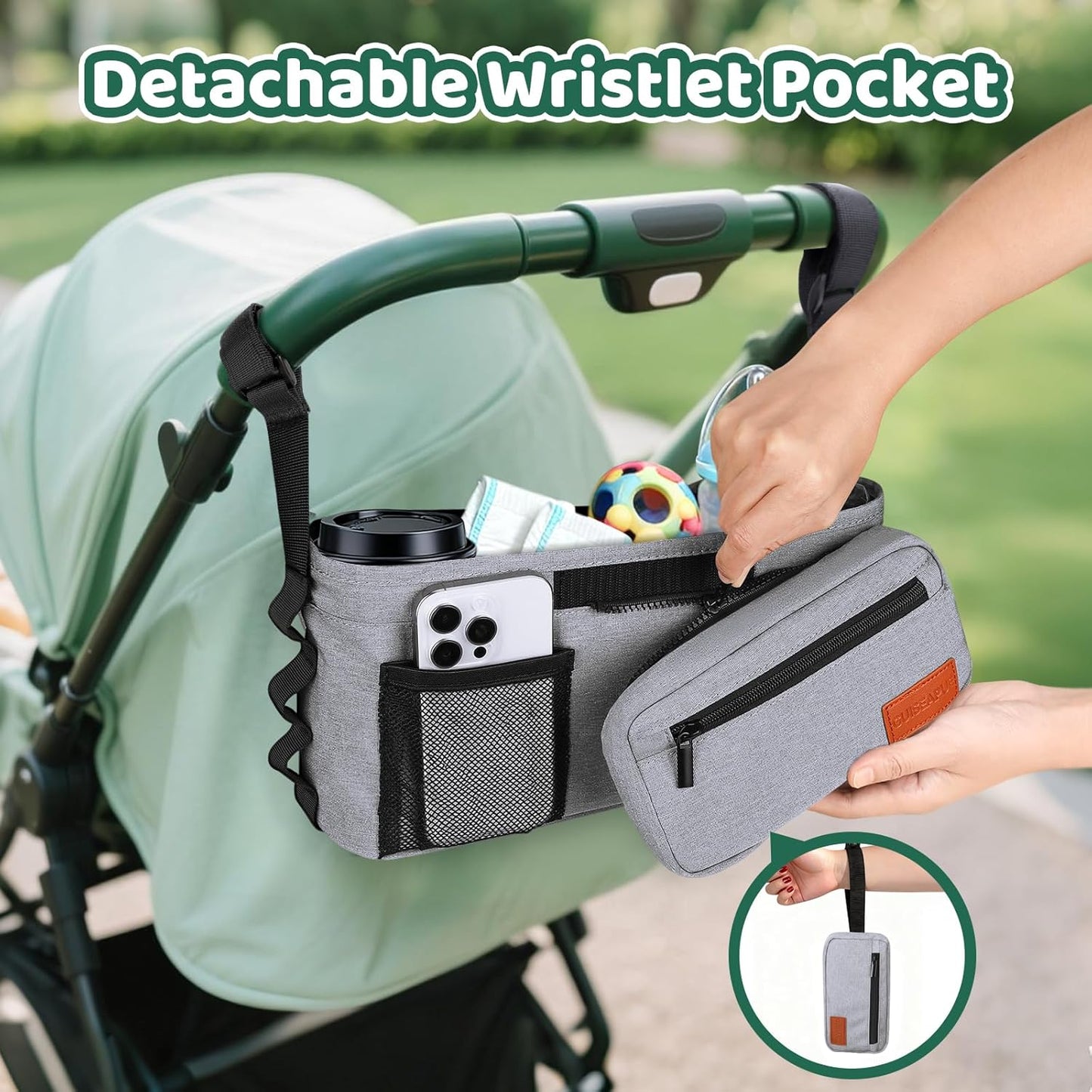 Guiseapue Universal Stroller Organizer with Cup Holder: Stroller Caddy Accessories with Detachable Phone Bag Fit for Uppababy, Non-Slip Straps, Walker Accessories, First Mothers Day Gifts for New Mom