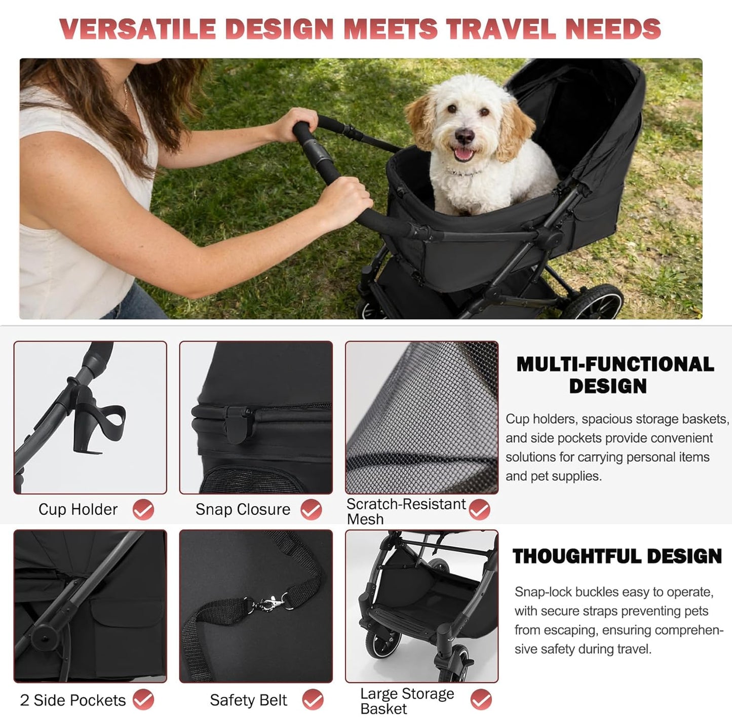Small Dog Stroller, Pet Stroller for Small Dogs up to 55lbs- Fold All in One Without Detaching Carrier, Cat Stroller with Reversible Handle,Cup Holder (Khaki)