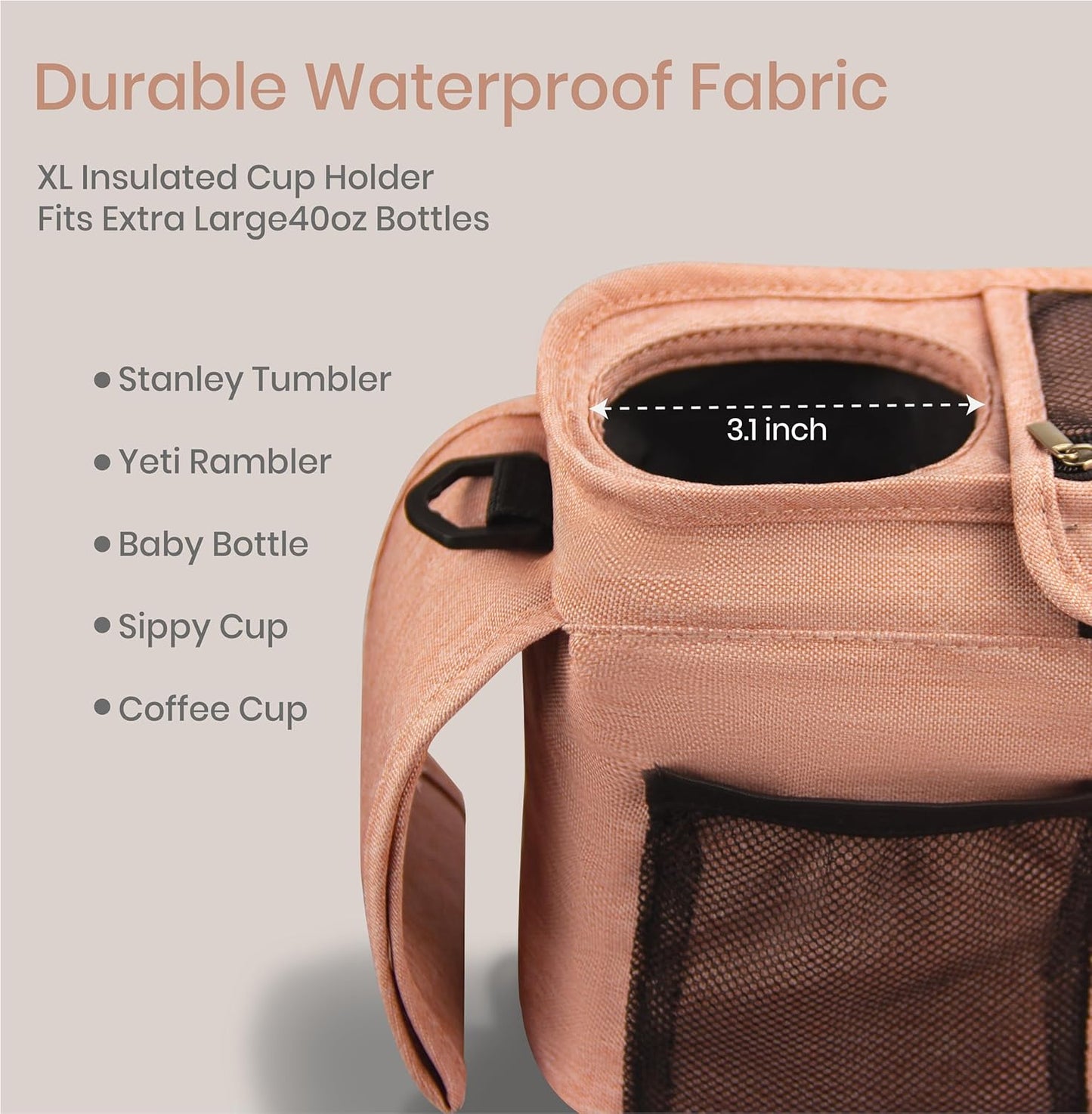 Universal Stroller Organizer, Grey - 2 Insulated Cup Holders - Non-Slip Stroller Caddy Bag - Detachable Phone Pouch - Fits Uppababy, Nuna - New Mom Essentials