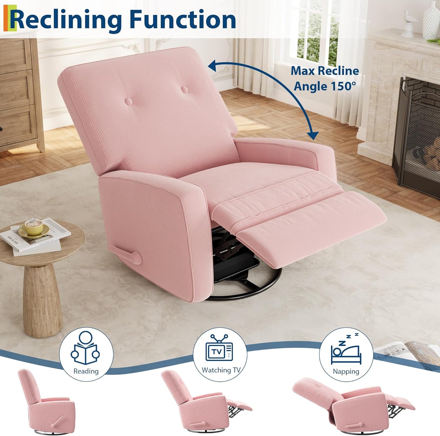 IDEALHOUSE Recliner Chair, 360° Swivel Rocking Glider Chair for Adults with Adjustable Backrest & Footrest, Cozy Linen Upholstered Armchair for Living Rooms, Bedrooms, Apartments, Beige
