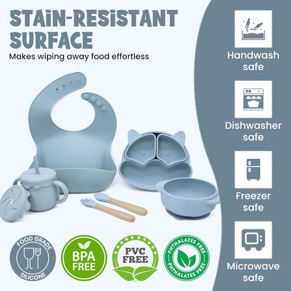 Baby Feeding Essentials, Baby Led Weaning Supplies, Silicone Baby Feeding Set, with Baby Spoon, Fork, Baby Bib, Sippy Cup, Suction Plate, Suction Bowl, Baby Eating Essentials, 6+ Months (Beige)