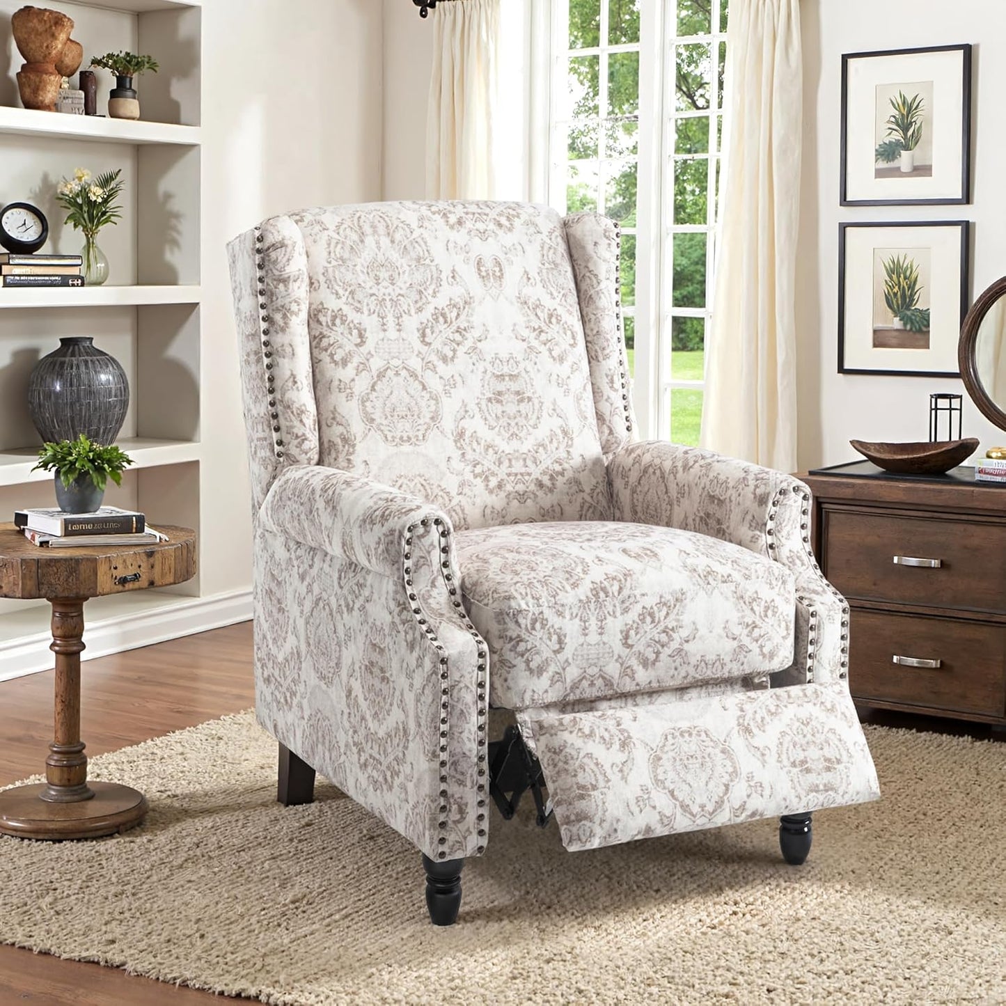 Swivel Rocker Recliner Chair, Manual Nursery Glider Recliner, Floral Fabric Wingback Accent Chair with Adjustable Backrest & Footrest for Small Spaces Living Room Bedroom (Plants Floral, Set of 1)