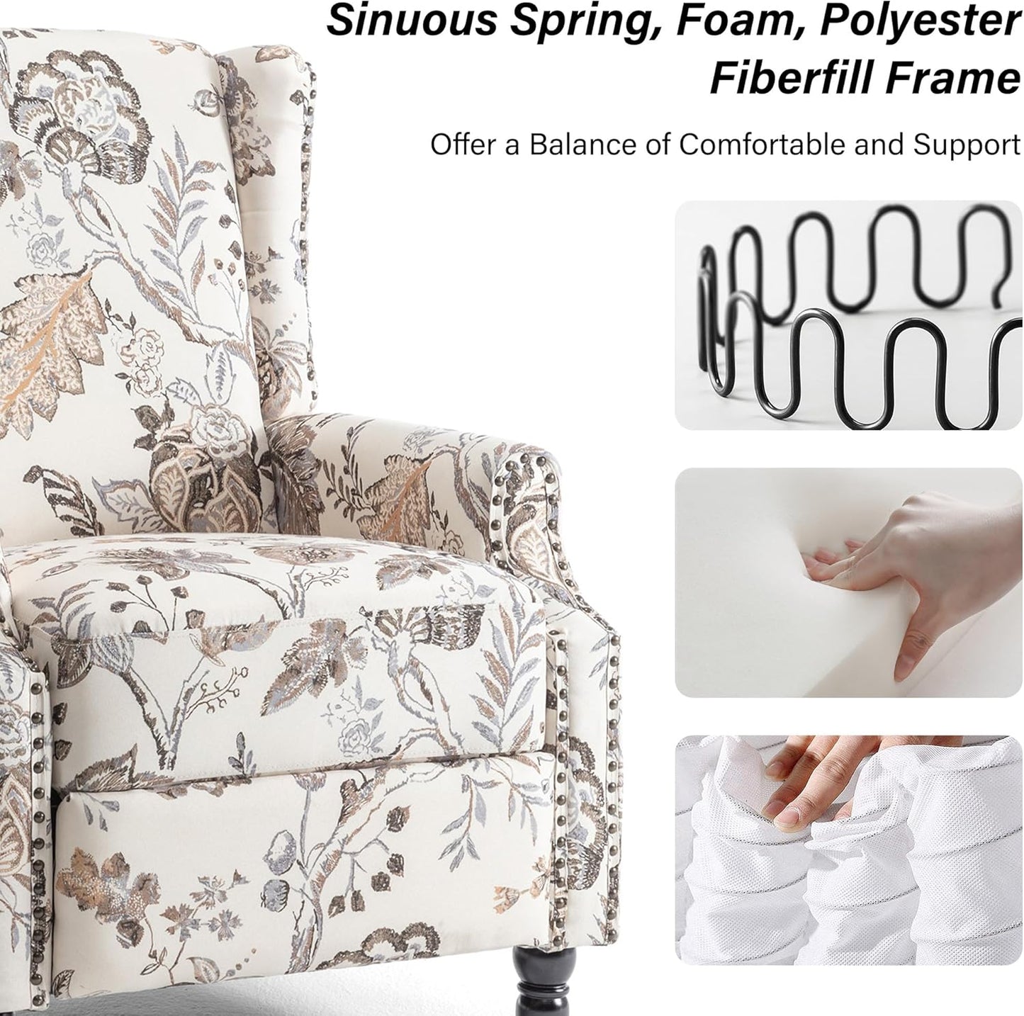 Swivel Rocker Recliner Chair, Manual Nursery Glider Recliner, Floral Fabric Wingback Accent Chair with Adjustable Backrest & Footrest for Small Spaces Living Room Bedroom (Plants Floral, Set of 1)