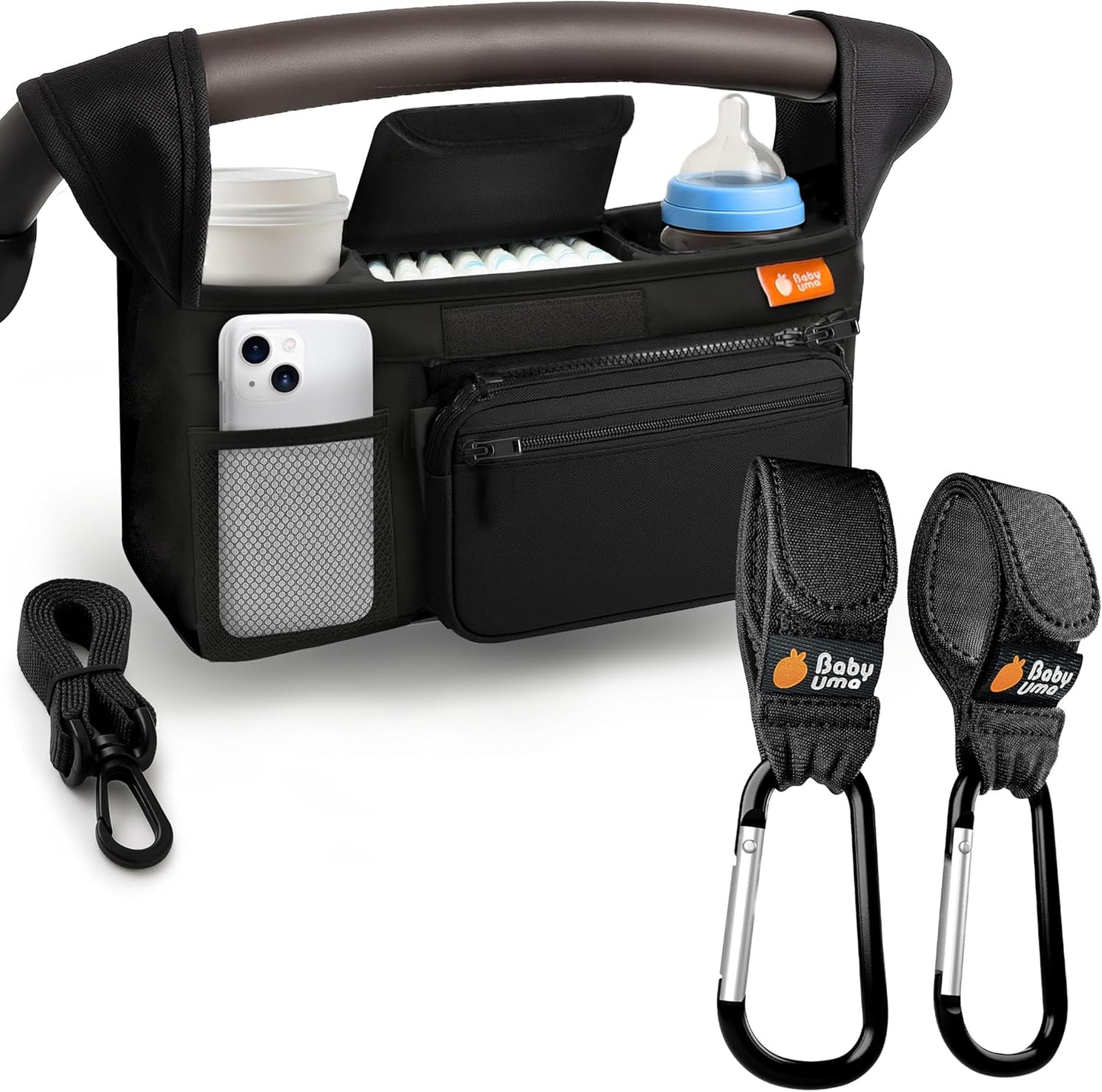 Baby Uma Universal Stroller Organizer Bag - Stroller Caddy Organizer with XL Insulated Cup Holder (x2), Phone Holder, Wipes Dispenser, Zip-Off Wrist Bag & Clip-On Shoulder Strap, Baby Travel Gear