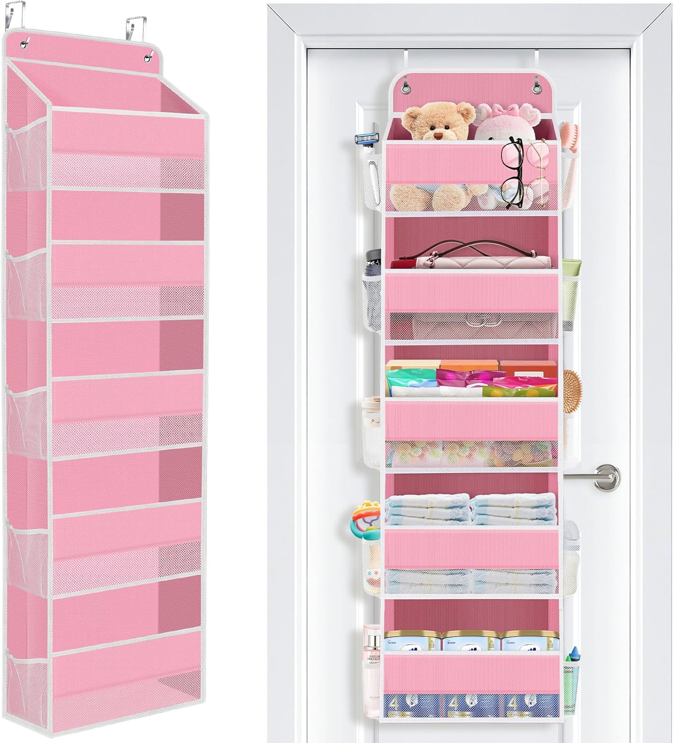 SpaceWhisper Over the Door Organizer, 4 Large Pocket Hanging Storage Organizer with 40lb Capacity, Space Saving for Nursery, Bathroom, Bedroom, Closet - Baby Essentials & Toiletry Organizer (Pink)