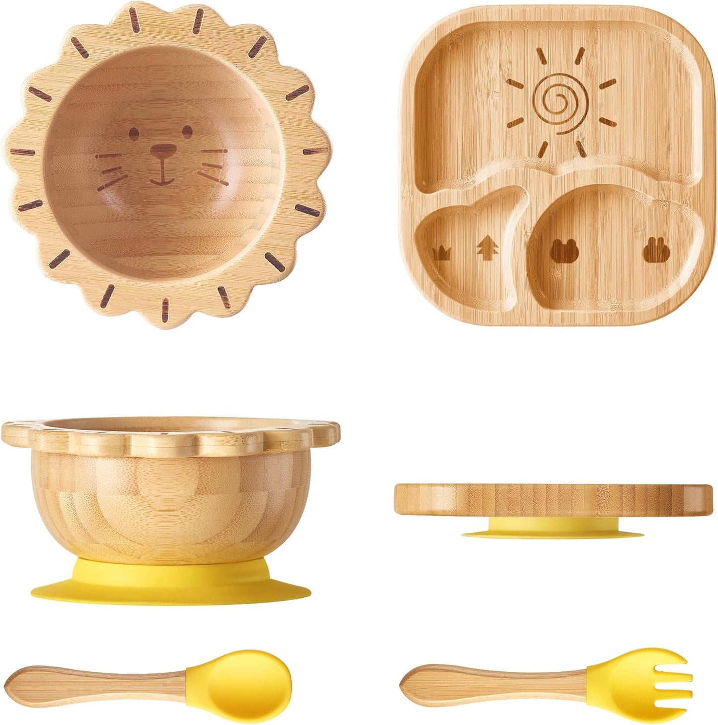 Suction Plates Bowls Set for Baby Toddler Non-Toxic Bamboo Feeding Set with Silicone Fork & Spoon (Green Feeding Set)