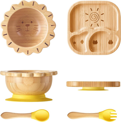 Suction Plates Bowls Set for Baby Toddler Non-Toxic Bamboo Feeding Set with Silicone Fork & Spoon (Green Feeding Set)