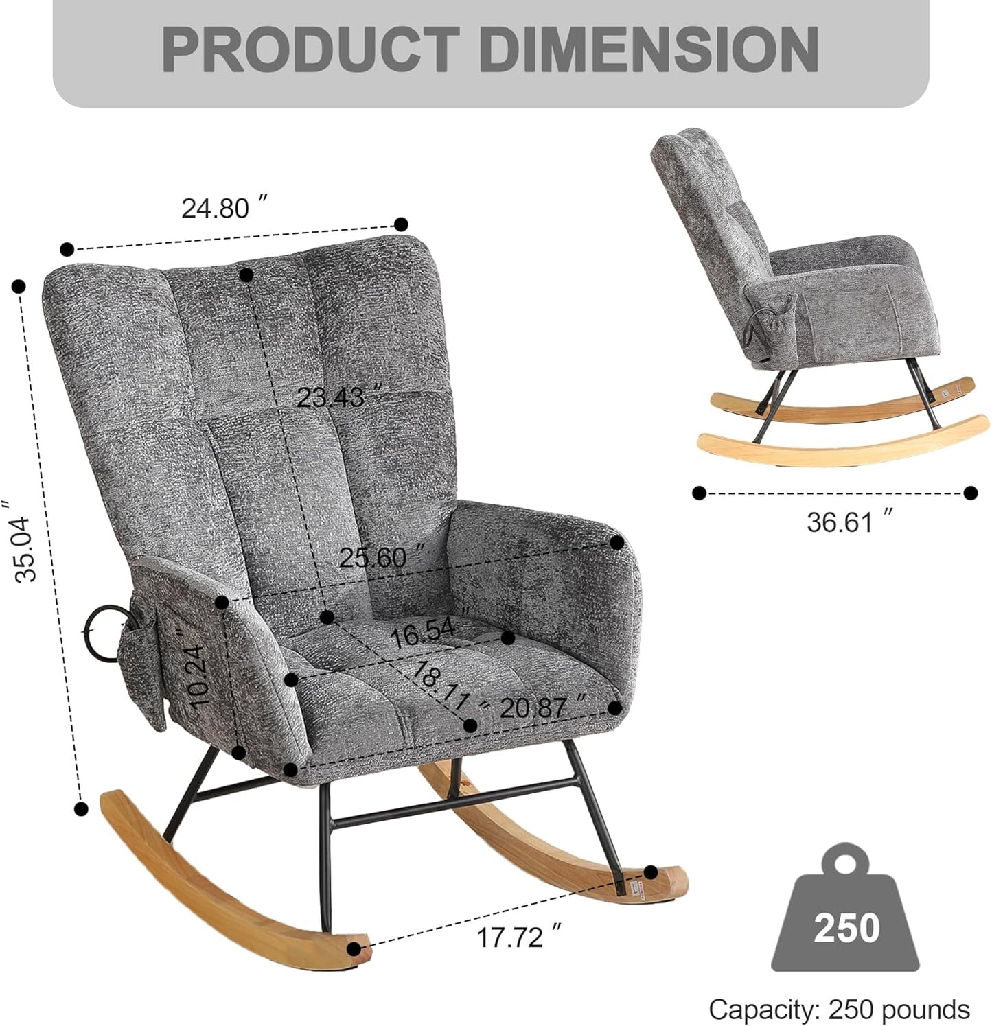 Rocking Chair Nursery with Airbag, Comfy Modern Nursery Rocking Reading Chair indoor with Footrest, Cozy Upholstered Glider Rocker Chairs for Living Room Bedroom Offices(Chenille, Dark Grey)