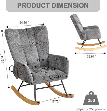 Rocking Chair Nursery with Airbag, Comfy Modern Nursery Rocking Reading Chair indoor with Footrest, Cozy Upholstered Glider Rocker Chairs for Living Room Bedroom Offices(Chenille, Dark Grey)