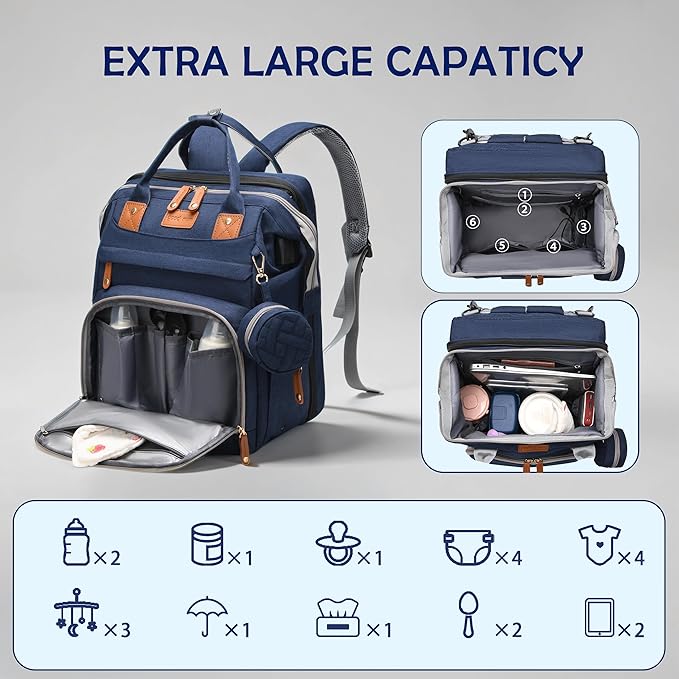Diaper Bag with Changing Station, Travel Diaper Bag Mosquito Net, Waterproof, Insulated Bottle Pockets, Multiple Compartments, Stroller Straps, Easy Diaper Changes, Unisex Blue