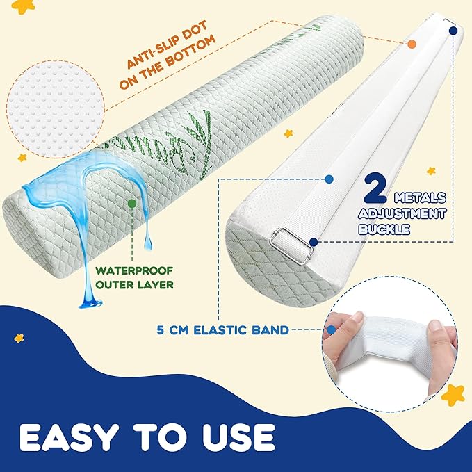 Waterproof Baby Bed Bumper for Toddler with Adjustable Band, Soft Kid Foam Bed Rail for Rental, Vacational, Full, Queen, Twin, King Size Bed, Green, 1 Pack
