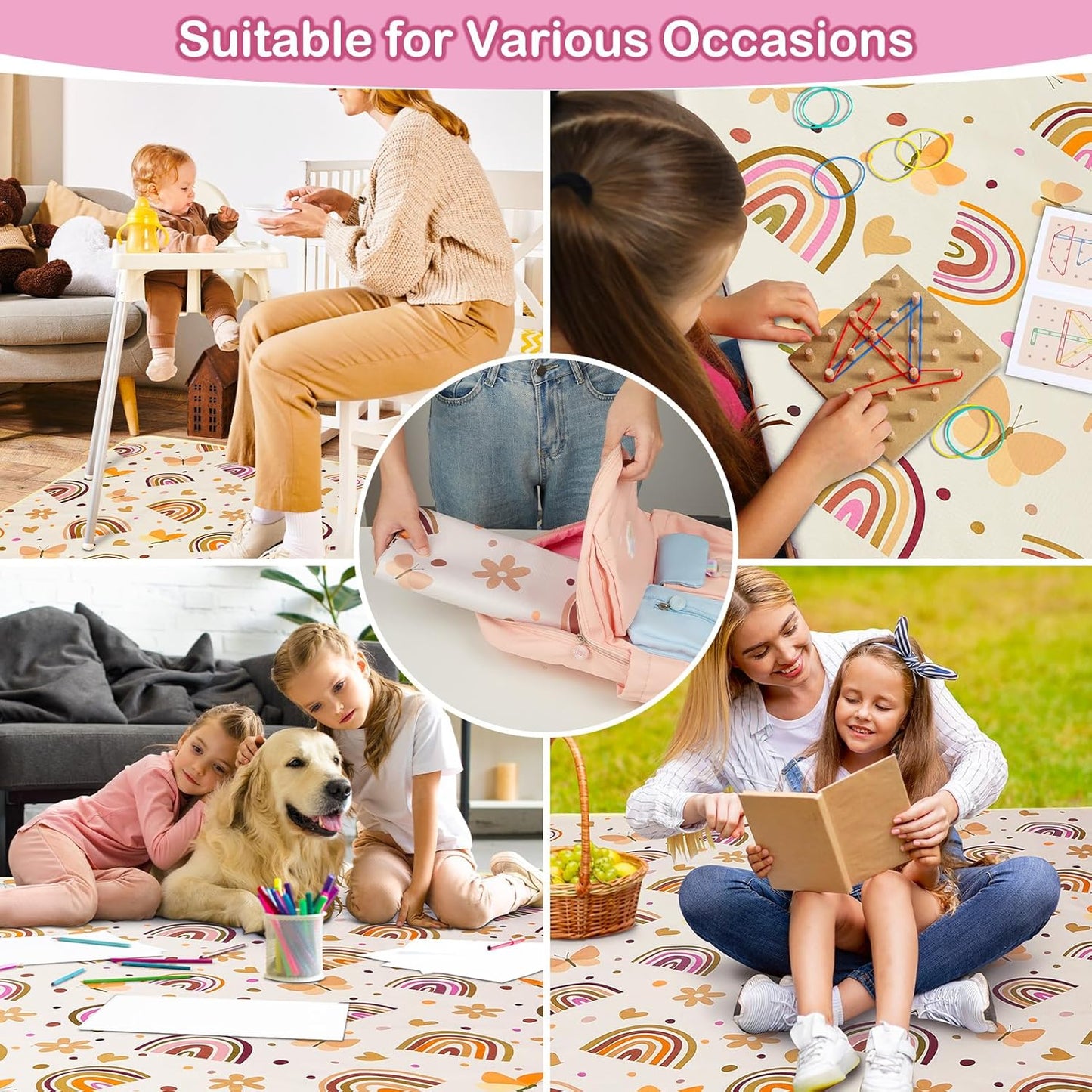 Basumee Splat Mat High Chair Mat Waterproof Baby Play Splat Mat for Under High Chair Food Catcher Highchair Mat for Floor Non Slip Bottom, Pink Rainbow, 46x42 Inches