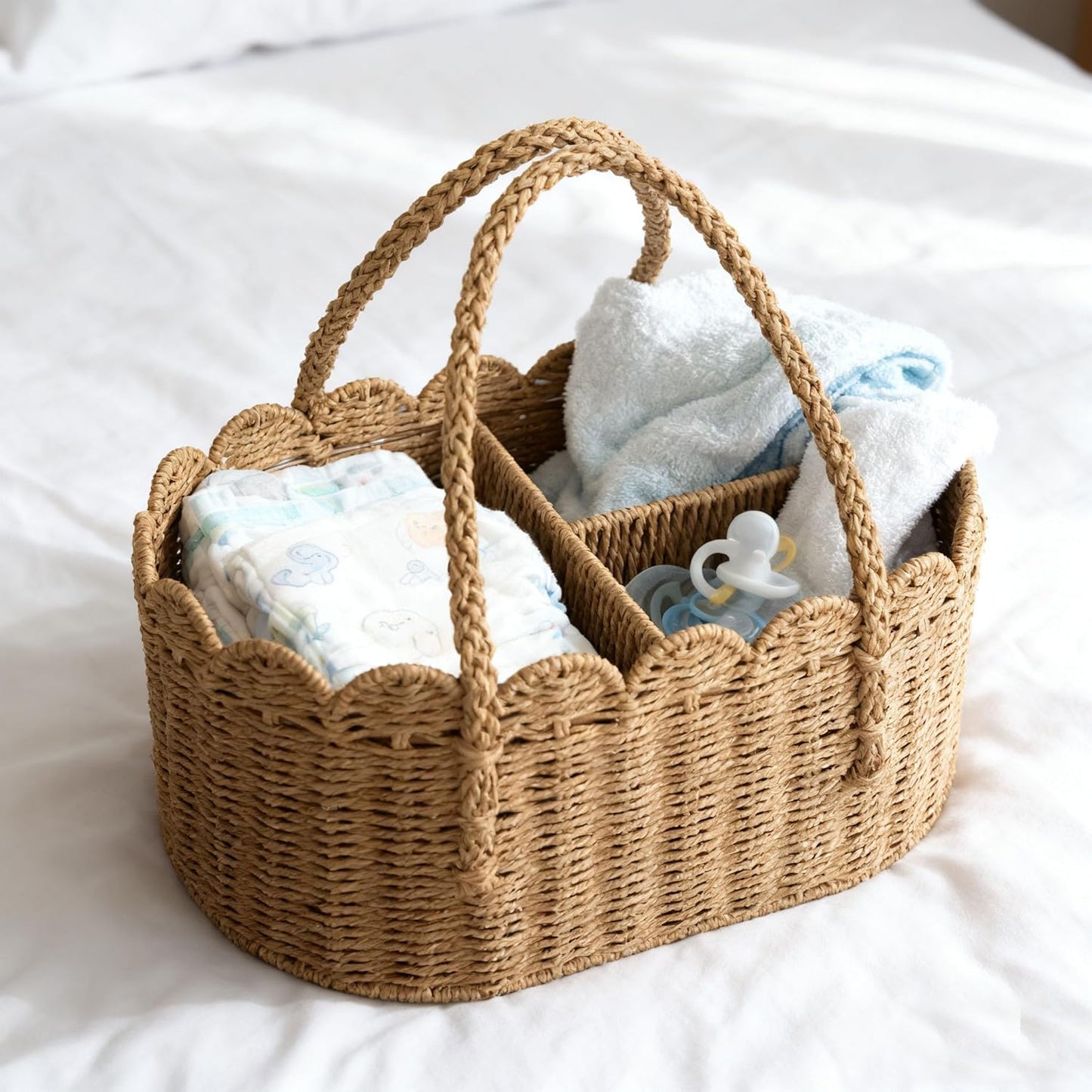 Diaper Caddy Organizer, Paper Rope Storage Baskets Nursery Bin with Removable Divider, Portable Car Organizer for Diapers, Baby Shower Gifts, Newborn Essentials Must Haves