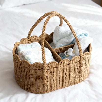 Diaper Caddy Organizer, Paper Rope Storage Baskets Nursery Bin with Removable Divider, Portable Car Organizer for Diapers, Baby Shower Gifts, Newborn Essentials Must Haves