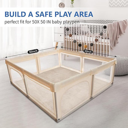 Huloo Sleep Baby Play Mat for Floor,1.3" Thick Elasti-Foam 50x50 Playpen Mat for Toddlers Infant Kids,Water-Repellent Soft Coral Velvet Tummy Time Mat,Non Slip Crawling Mat,Tatami Mat(Beige)