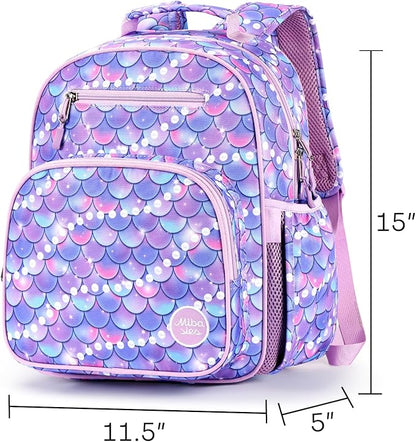 mibasies Kids Backpack for Girls: Girls Backpack 5-8 - Kindergarten Elementary School Bookbag for Girl - Fish scale Purple