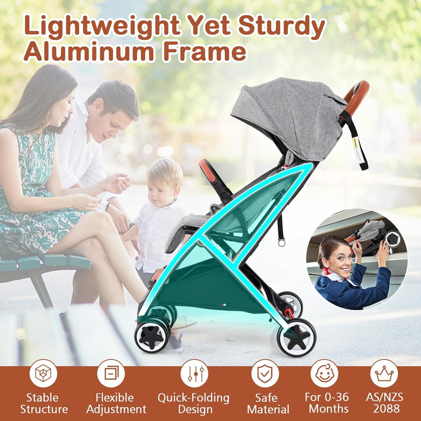 HONEY JOY Travel Stroller, One-Hand Quick Fold Lightweight Umbrella Stroller for Airplane, Wrist Wrap & Net, Multi-Position Recline, Overhead Friendly Compact Stroller for Newborn and Toddler(Gray)