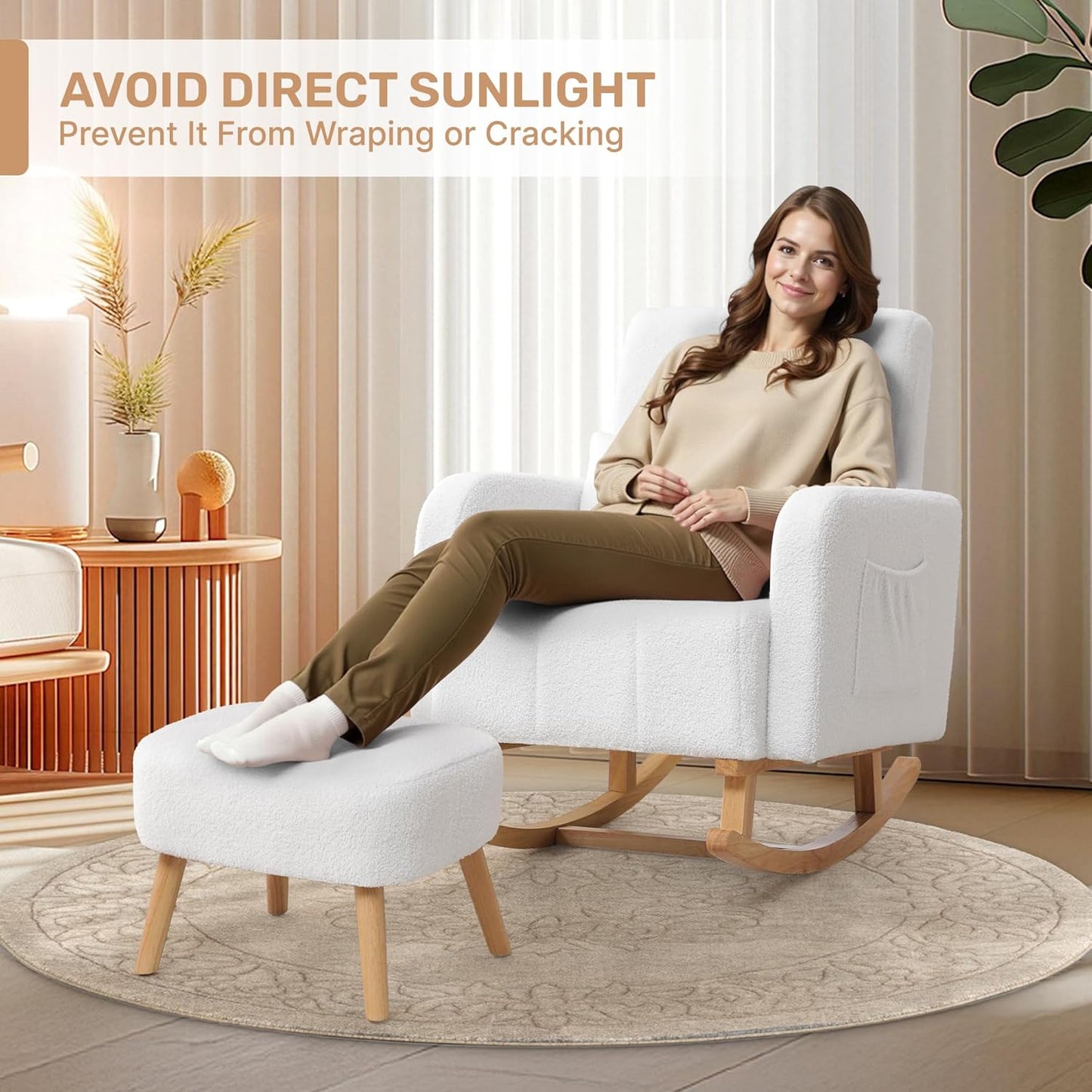 HCHAIRH Nursery Rocking Chair with Ottoman, Upholstered Glider Rocker with High Backrest Side Pocket, Rocking Accent Armchair with Solid Wood Legs for Nursery, Living Room, Bedroom, Light Grey