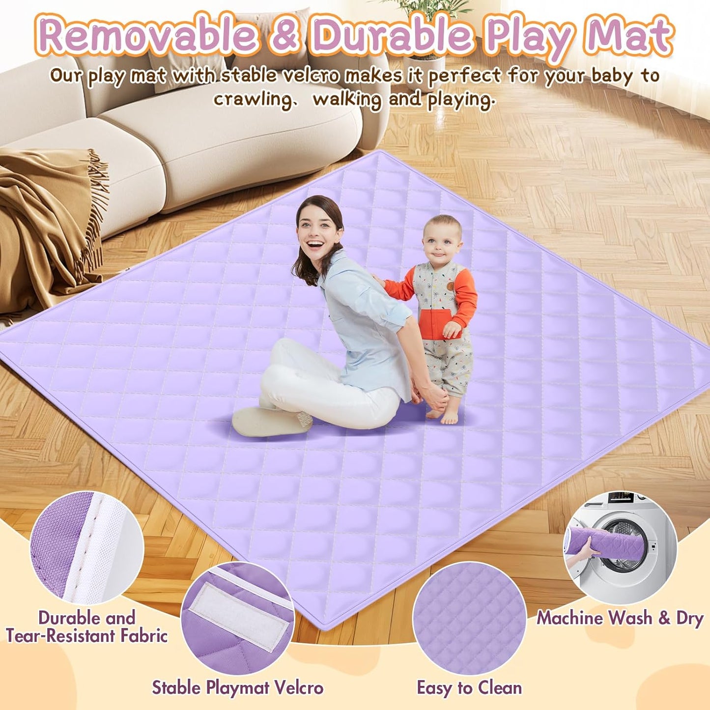 Baby Playpen with Mat - 79"x71" Extra Large Play Pens for Babies and Toddlers Indoor Safety Baby Fence with Soft Breathable Mesh - All-Wrapped Sponge Sturdy Play Yard with Handle & Bag Purple