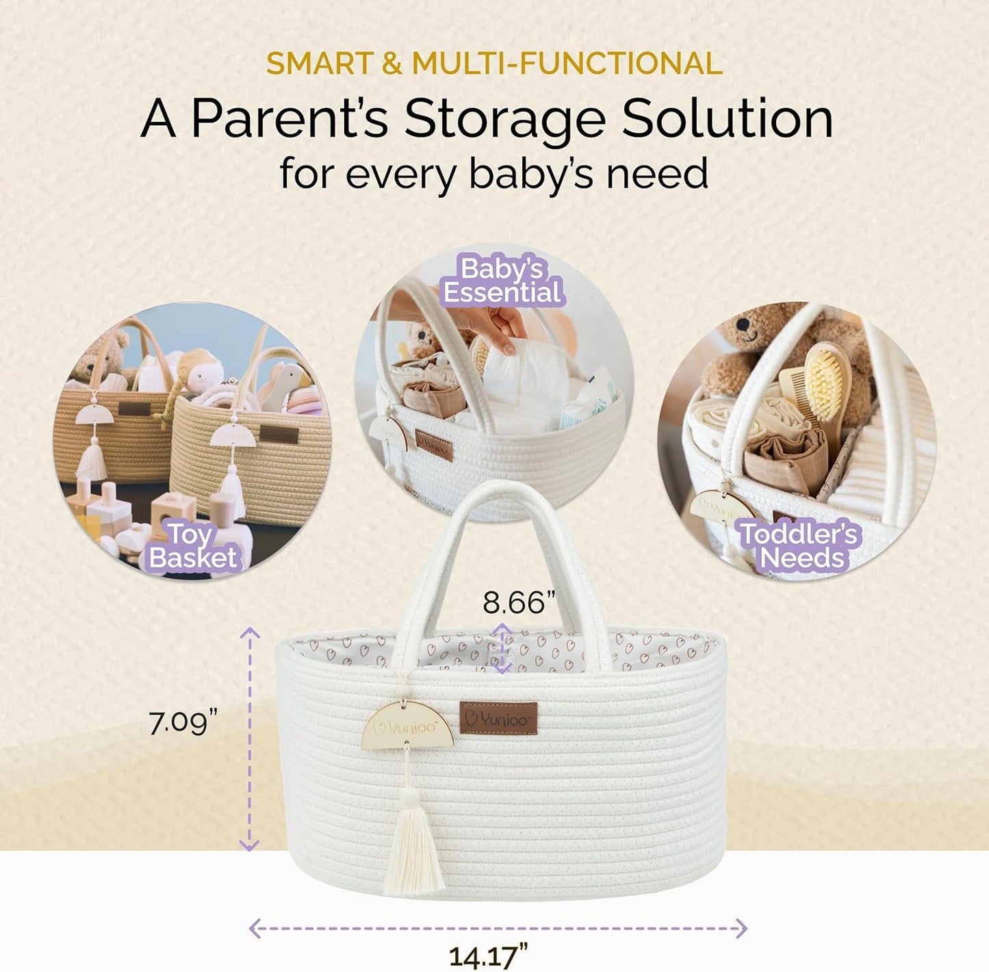 Yunioo Baby Diaper Caddy Organizer, Portable Nursery Storage Basket with Sturdy Handle Diaper Caddy Basket, Car Caddy for Diapers and Baby Wipes, Newborn Essentials