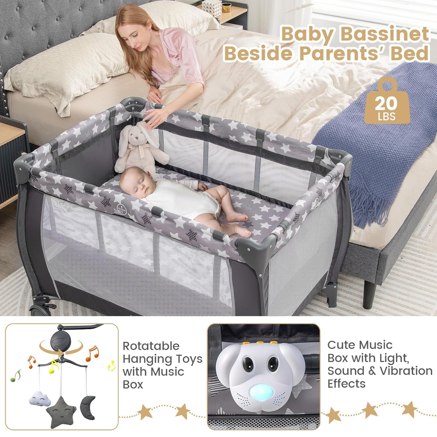 Costzon 3 in 1 Pack and Play with Bassinet, Portable Baby Playard with Changing Table, Music Box, Whirling Toys, Wheels/Brake, Basket, Foldable Infant Bassinet Crib for Baby Toddlers Indoor Outdoor