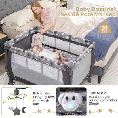 Costzon 3 in 1 Pack and Play with Bassinet, Portable Baby Playard with Changing Table, Music Box, Whirling Toys, Wheels/Brake, Basket, Foldable Infant Bassinet Crib for Baby Toddlers Indoor Outdoor