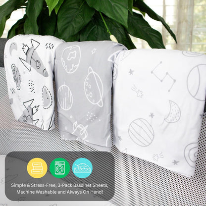 Bassinet Sheets for Papablic, CoZee, Cowiewie, Ezebaby, Nawahev Baby Bassinet Bedside Sleeper by TansyPanda, 3PC, 33x20, Ultra Soft, Breathable Snug Fit, Unisex Boys Girls, Gray White (Space Rockets)
