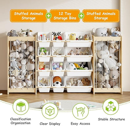 EXPERLAM Large Toy Storage Organizer, Wooden Stuffed Animal Storage & 12-Bins Toy Organizer, Double-Sided Plush Toy Holder Featuring Thicker Ropes, Space Save Playroom Nursery Bedroom Storage, White