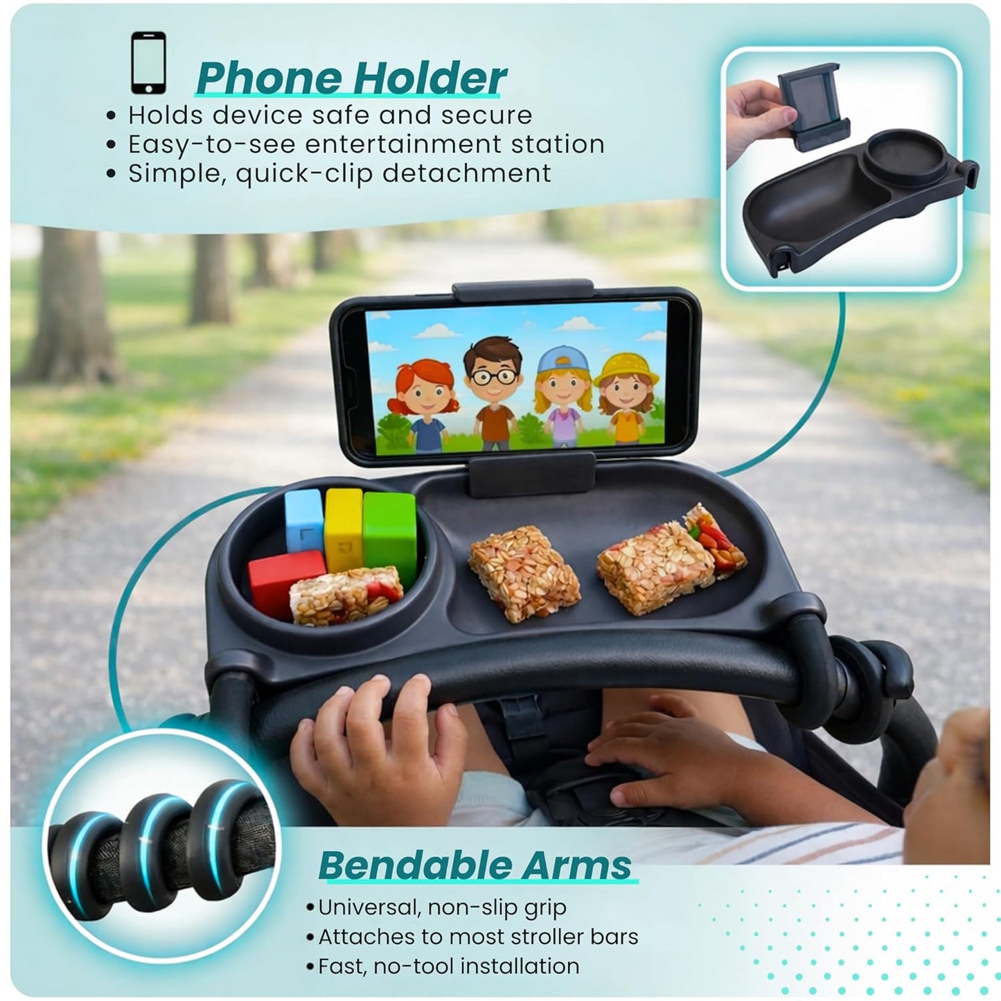 Swanoo Universal Stroller Snack Tray | Compatible With Nuna Mockingbird Bugaboo Uppababy | Stroller Bumper Bar Tray Attachment with Cup Holder | Baby Toddler Disneyland Essentials Stroller Accessories