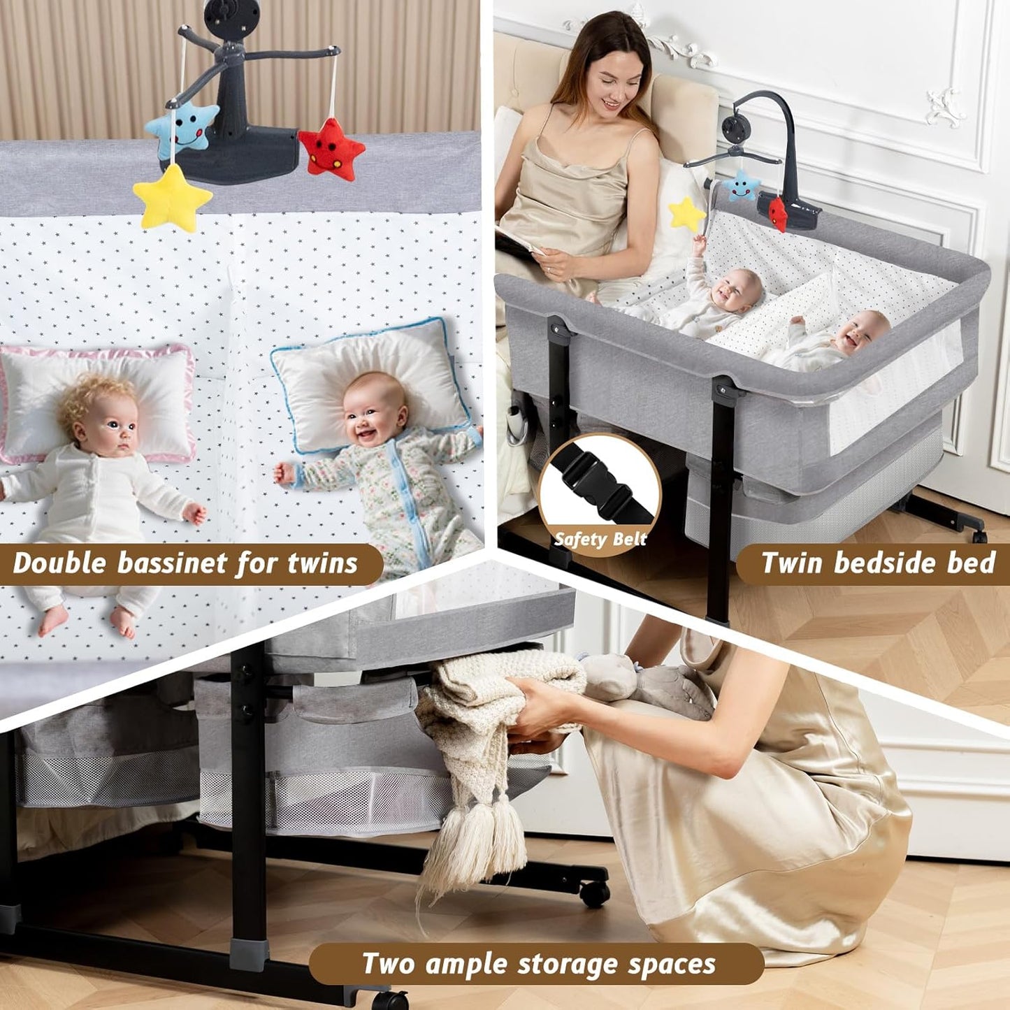 Twin Bassinet for 2 Babies, Double Bassinet for Twins with Music Toys, Mosquito Net & Storage Basket Portable Foldable Bedside Sleeper for Newborns, Grey | Side By Side Design, Independent Space, Small Space Fit, Safe Co Sleeping, Stable Frame