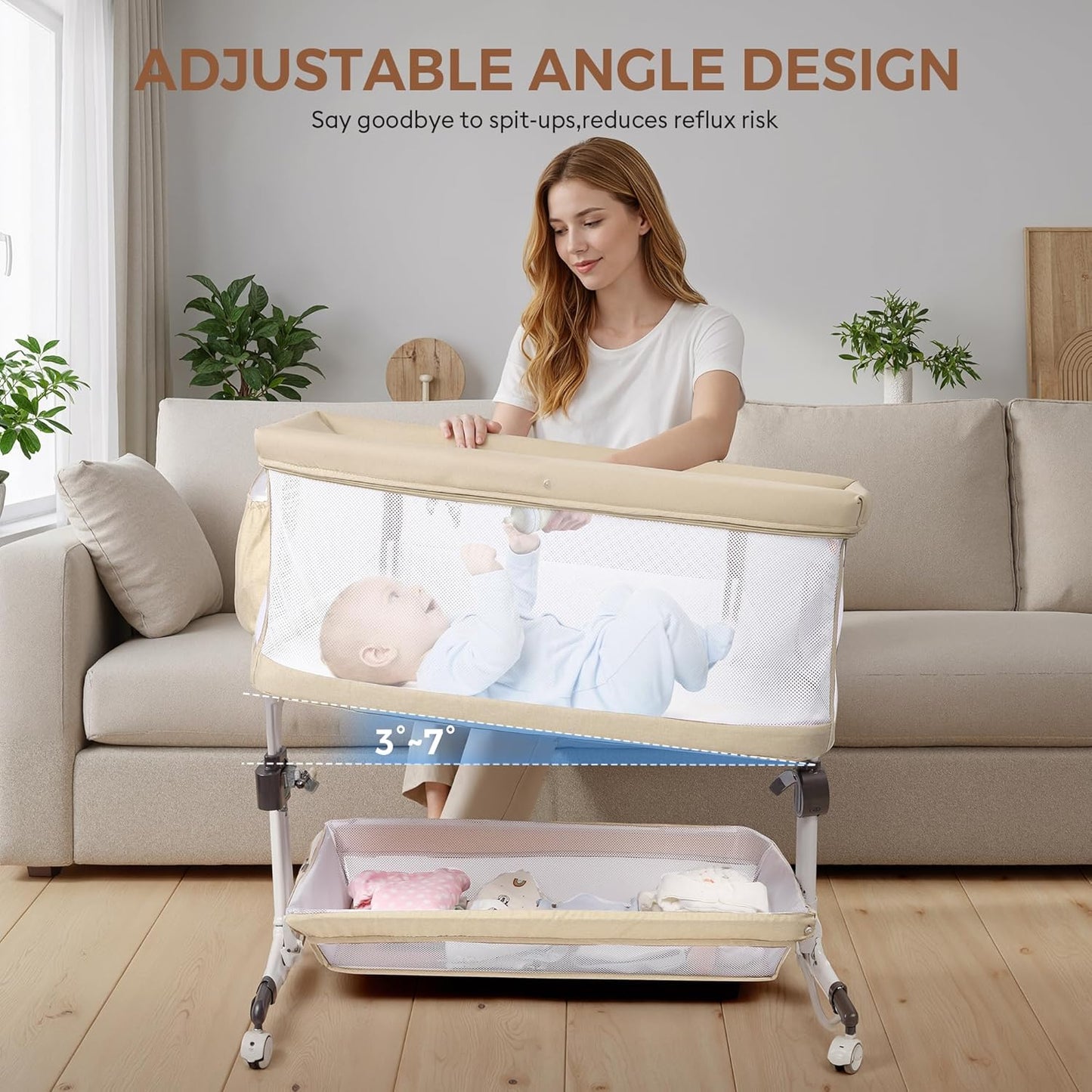 Baby Bassinet, Bedside Sleeper for Newborns Convertible Co-Sleeper Crib with Breathable Mesh, 6-Level Height Adjustment, Built-In Storage, Foldable Portable Bassinet for Home or Travel, Pink & Purple