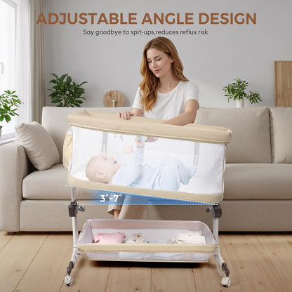 Baby Bassinet, Bedside Sleeper for Newborns Convertible Co-Sleeper Crib with Breathable Mesh, 6-Level Height Adjustment, Built-In Storage, Foldable Portable Bassinet for Home or Travel, Pink & Purple