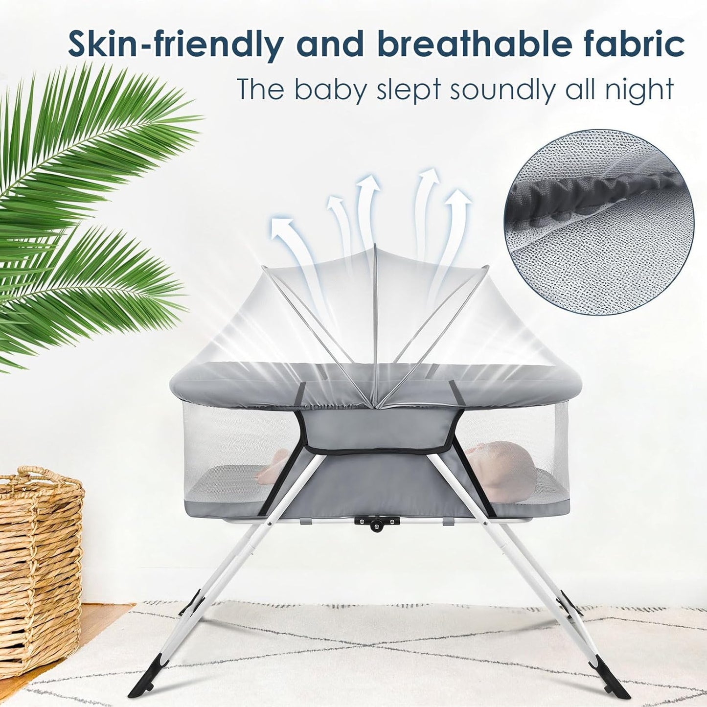 Portable Baby Bassinet - Foldable Bedside Bassinet, Lightweight Playpen with Mosquito Net, 42.5 x 40.2 x 20.8 inches, Black
