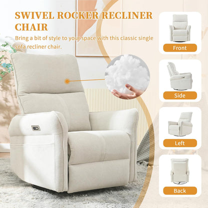 Power Swivel Rocker Recliner Chair for Nursery, Upholstered Snowflake Velvet 270°Swivel Glider Rocker Chair with USB Ports, Small Power Recliners for Small Spaces Living Room