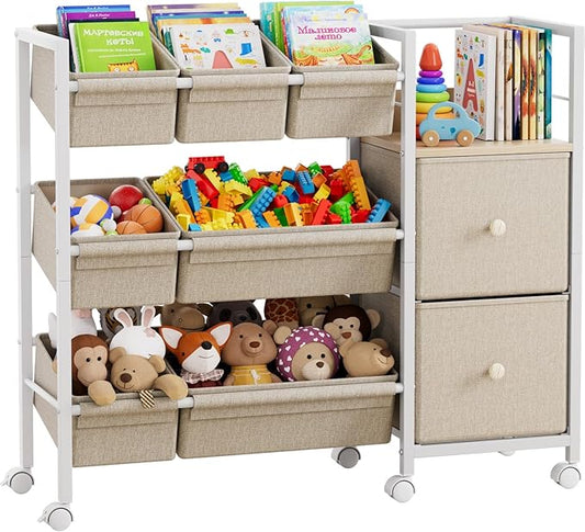 Modanais Kids Toy Organizers and Storage Bins - 7 Storage Bins + 2 Fabric Drawers + 1 Bookshelf, Playroom Storage, Mobile Cart Organizer for Toy, Clothes, Blankets and Books - Off White