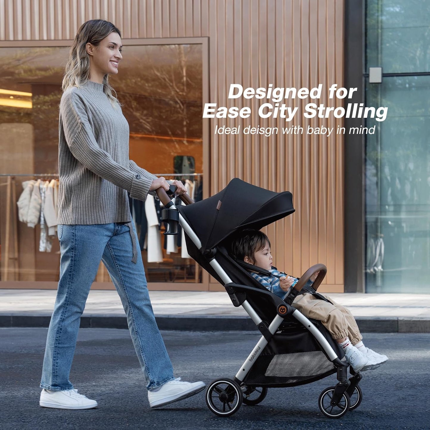 Babideal Lightweight Travel Stroller for Baby, Self-Folding Toddler Stroller with Large Canopy, Full-Reclining Seat, Cup Holder Included - Newborn to 50lbs. (Grey)