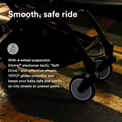 Stokke YOYO3 Stroller from 6 Months - Includes Black Frame, Seat Cushion & Canopy - Folds in & Out in a Flash - Light & Compact - Carry-On Compatible