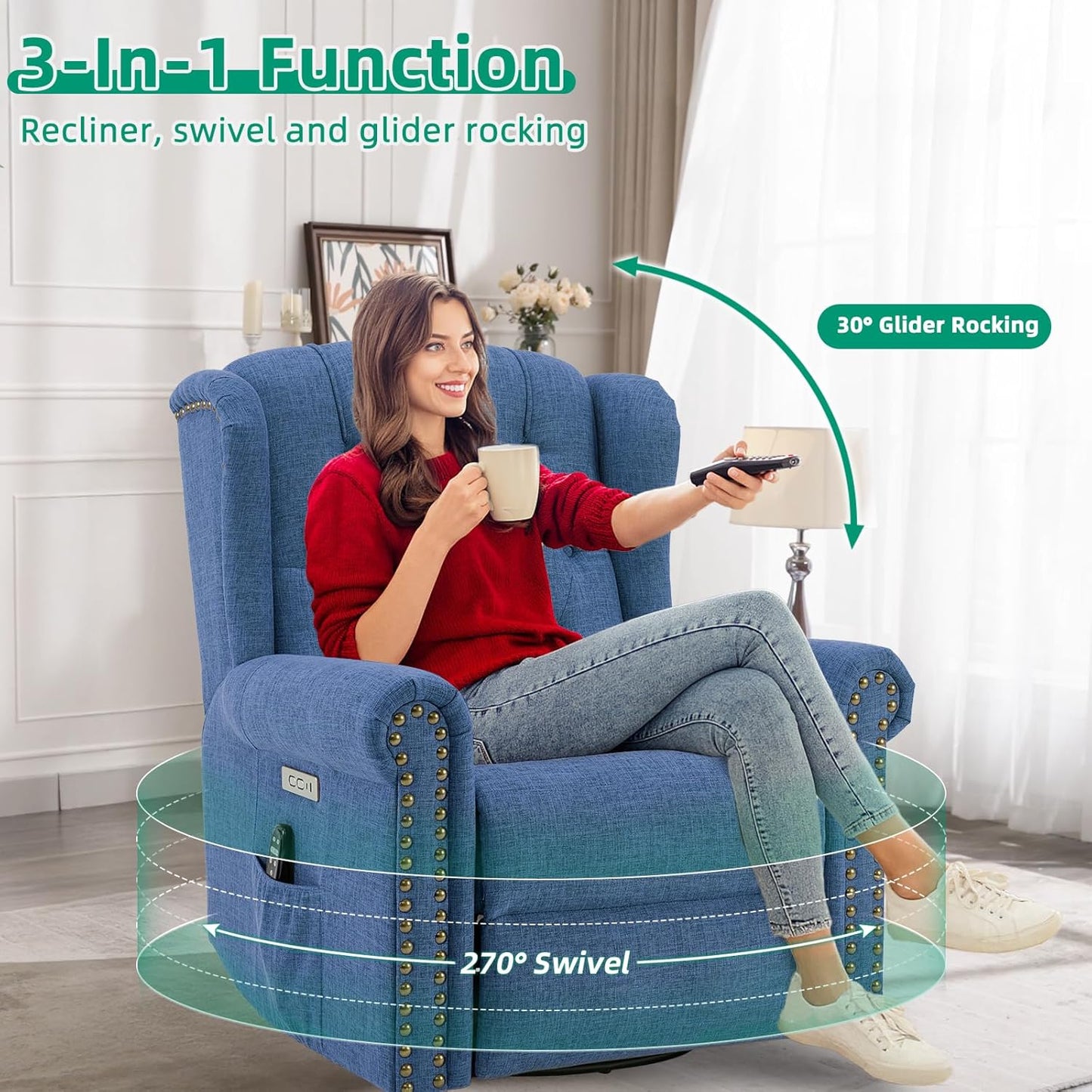 VIVIJASON Power Swivel Rocking Recliner Chair with Massage & Heat, Electric Rocker Nursery Glider Chair, Wingback Tufted Upholstered Recliner W/Type-C & USB Ports for Living Room, Bedroom, Beige