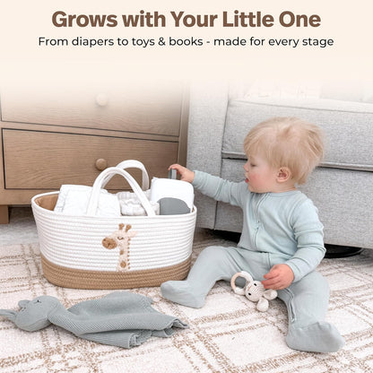 Giraffe Diaper Caddy Organizer for Baby Cotton Rope Nursery Storage Basket 17"x10.5"x7" with Removable Dividers Portable Changing Table Organizer, Car Caddy, Baby Shower Basket