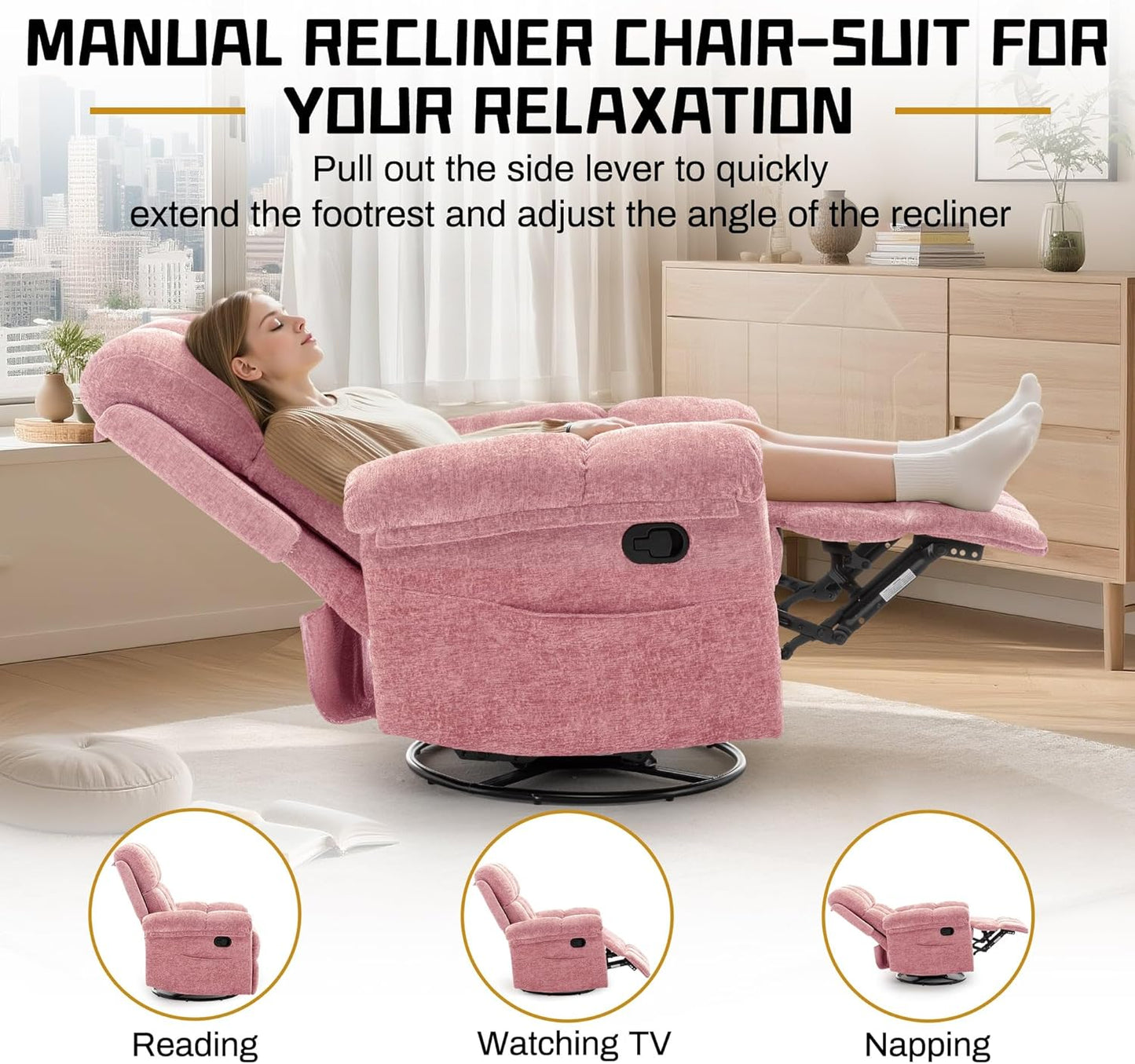 Korser Recliner Chair, Swivel Rocker Recliner Chair for Adults, Small Recliners for Small Spaces, Upholstered Manual Recliner with Side Pockets, Nursery Rocking Chair for Living Room, Chenille, Beige