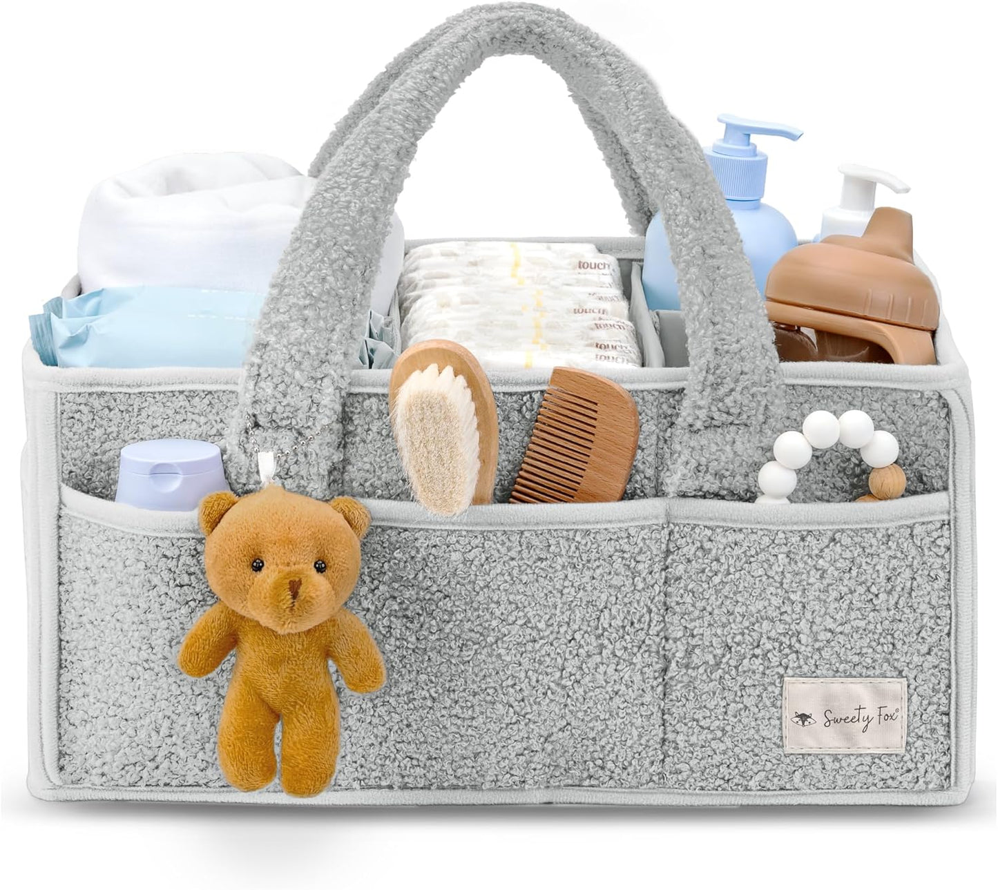 Sweety Fox Baby Diaper Caddy Organizer with Handle - Portable Sherpa Nursery Basket - Car Diaper Organizer, Cleaning Caddy, Gift for Baby Shower - Grey